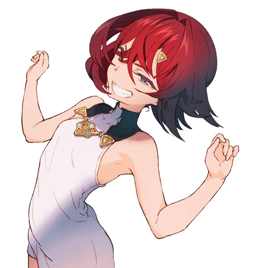1girl ange_katrina ange_katrina_(1st_costume) armpits bare_arms blue_eyes breasts collared_dress commentary_request crossed_bangs dress eyes_visible_through_hair grin hair_intakes hair_ornament hairclip nijisanji red_hair short_dress short_hair sleeveless sleeveless_dress small_breasts smile solo tarte_(hodarake) virtual_youtuber white_dress