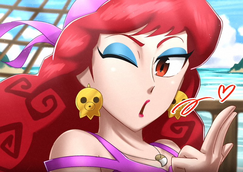 1girl bandana brown_eyes brown_hair captain_syrup curly_hair earrings eyeliner gesture heart heinzlike island jewelry long_hair makeup mario_(series) necklace nintendo ocean one_eye_closed ship solo wario_land wario_land:_shake_it! watercraft wink