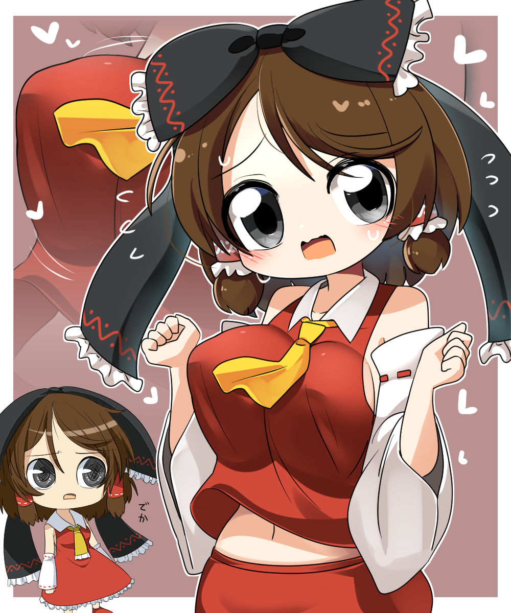 1girl ascot black_bow black_eyes blush bow breasts brown_hair chibi chibi_inset commentary_request cookie_(touhou) cowboy_shot detached_sleeves frilled_bow frilled_hair_tubes frills hair_bow hair_tubes hakurei_reimu highres large_bow large_breasts lets0020 looking_at_viewer midriff mochiya_(cookie) navel open_mouth red_shirt red_skirt ribbon-trimmed_sleeves ribbon_trim shirt short_hair skirt skirt_set sleeveless sleeveless_shirt touhou white_sleeves yellow_ascot