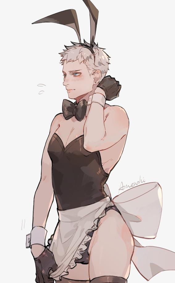 1boy amenohi animal_ear_headband animal_ears apron arm_behind_head arm_up back_bow bare_shoulders black_gloves black_leotard black_thighhighs blue_eyes blush bow closed_mouth crossdressing devil_may_cry_(series) devil_may_cry_5 fake_animal_ears gloves leotard looking_ahead maid_apron male_focus male_playboy_bunny nero_(devil_may_cry) pectoral_cleavage pectorals pulling_own_clothes rabbit_ears short_hair simple_background solo thighhighs thighs very_short_hair white_background white_bow white_hair wrist_cuffs