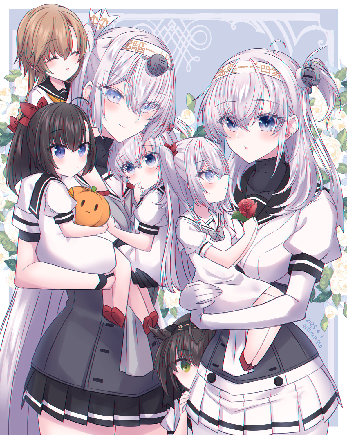 6+girls akizuki_(kancolle) black_hair black_sailor_collar black_skirt blue_eyes bodysuit breasts brown_hair carrying closed_eyes commentary_request dress flower fuyutsuki_(kancolle) green_eyes grey_hair hachimaki hair_between_eyes hatsuzuki_(kancolle) headband headgear highres holding holding_flower holding_stuffed_toy if_they_mated kabocha_torute kantai_collection long_hair miniskirt mother_and_daughter multiple_girls neckerchief one_side_up parted_lips peeking_out pleated_skirt red_flower sailor_collar sailor_dress school_uniform serafuku short_sleeves skirt stuffed_toy suzutsuki_(kancolle) teruzuki_(kancolle) very_long_hair white_bodysuit white_dress white_flower white_headband white_sailor_collar white_skirt yuri