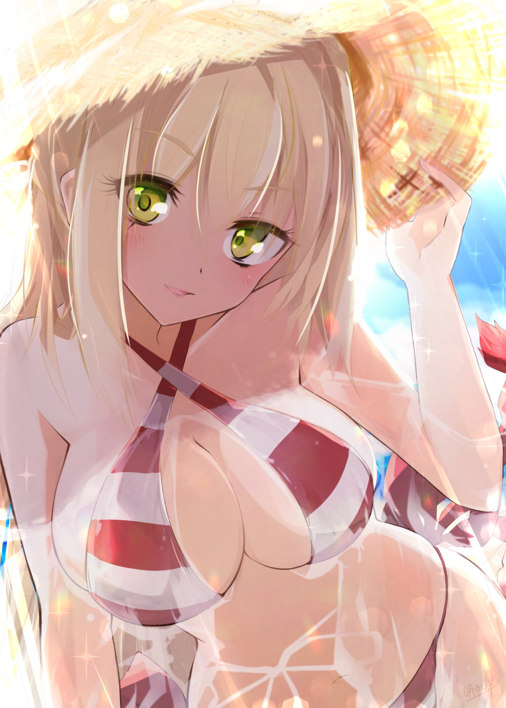 1girl ahoge ashita_wa_hitsuji bare_shoulders bikini blonde_hair blue_sky blush breasts cleavage collarbone criss-cross_halter fate/grand_order fate_(series) green_eyes hair_between_eyes hair_intakes halterneck hat highres large_breasts long_hair looking_at_viewer navel nero_claudius_(fate) nero_claudius_(swimsuit_caster)_(fate) nero_claudius_(swimsuit_caster)_(third_ascension)_(fate) open_mouth red_bikini see-through_clothes side-tie_bikini_bottom sky smile straw_hat striped_bikini striped_clothes sunlight swimsuit wet