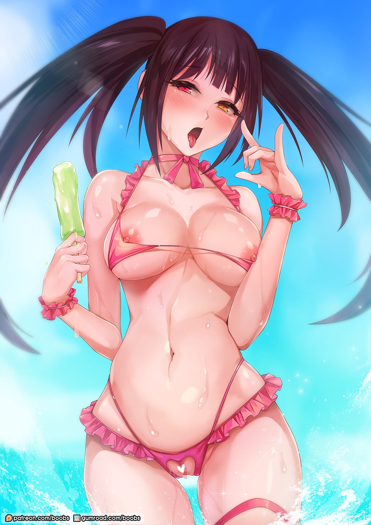hentai Open crotch bikini pussy rebe11, tokisaki kurumi, date a live, commentary, highres, 1girl, :o, bikini,  black hair, blush, breasts, censored, collarbone, cowboy shot, crotchless,  day, facing viewer, fellatio gesture, female focus, food, frilled bikini,  frills, functionally