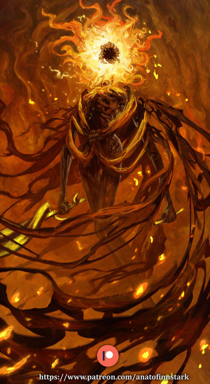 1boy anato_finnstark artist_name coiled_sword elden_ring elden_ring:_shadow_of_the_erdtree emaciated fire flaming_head full_body headless highres holding holding_knife holding_sword holding_weapon knife midra_lord_of_frenzied_flame patreon_logo patreon_username rags reverse_grip robe shawl solo standing sword torn_clothes torn_robe watermark weapon web_address withered yellow_robe yellow_shawl