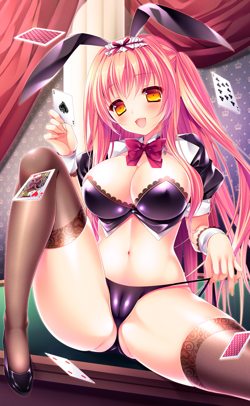 1girl animal_ears ass black_thighhighs bow bowtie bra breasts cameltoe card cleavage clubs curtains diamond_(shape) empty_eyes fake_animal_ears female_focus frills hair_ornament hairband heart high_heels highres holding holding_card indoors lace lace-trimmed_bra lace_trim large_breasts long_hair looking_at_viewer minatsuki_alumi navel one_side_up orange_eyes original panties panty_lift pink_hair playing_card puffy_short_sleeves puffy_sleeves purple_bra purple_panties rabbit_ears short_sleeves sitting solo spade strapless strapless_bra thighhighs underwear very_long_hair wrist_cuffs