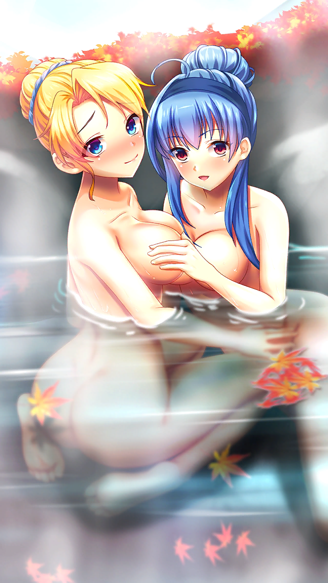 2girls :d ass autumn_leaves barefoot blonde_hair blue_eyes blue_hair blue_headband blush breasts cleavage closed_mouth completely_nude day doukyuusei_(series) doukyuusei_another_world game_cg grabbing_another&#039;s_breast groping hair_intakes half_updo headband kakyuusei_(series) kakyuusei_2 leaf long_hair looking_at_viewer maple_leaf medium_breasts multiple_girls nude official_art onsen open_mouth outdoors partially_submerged red_eyes short_hair smile soles takatoo_nanase yokomizo_fumi