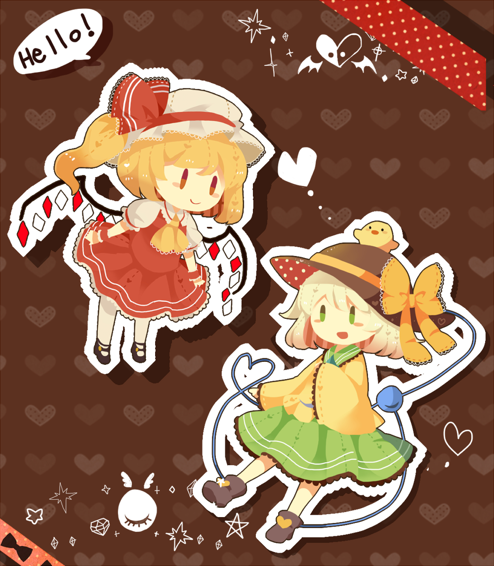 2girls :d ascot baby_animal bad_id bad_pixiv_id bat_wings bird blush_stickers bow brown_background crystal duck duckling english_text flandre_scarlet gem_(symbol) green_eyes green_hair green_skirt hat hat_bow hat_ribbon heart heart_background heart_of_string heart_pattern komeiji_koishi long_sleeves mob_cap moyo_(amaniwa) multiple_girls open_mouth polka_dot puffy_short_sleeves puffy_sleeves red_eyes ribbon shirt short_sleeves side_ponytail skirt smile speech_bubble star_(symbol) string third_eye touhou wide_sleeves wings wrist_cuffs