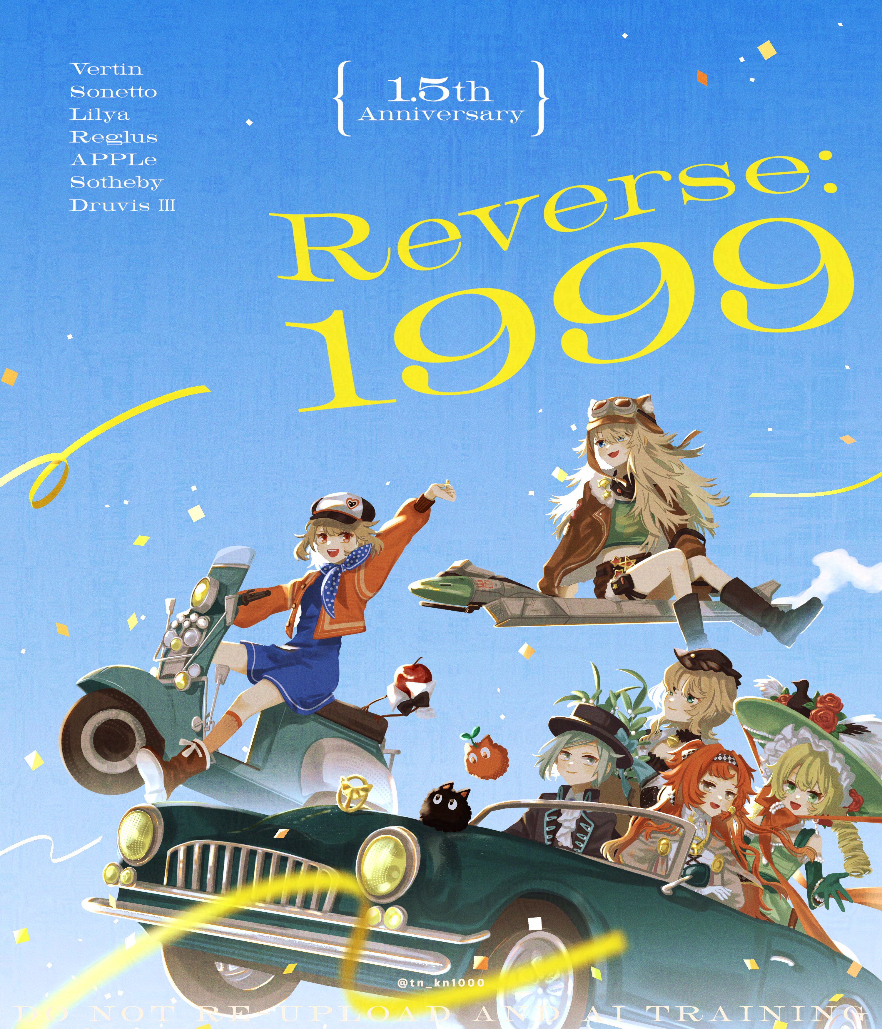 6+girls :d absurdres animal_ear_headwear anniversary apple apple_(reverse:1999) arm_up ascot aviator_cap black_boots black_bow black_bowtie black_coat black_hat blonde_hair blue_background blue_bow blue_dress blue_eyes blue_neckerchief boater_hat boots bouquet bow bowtie broom broom_riding brown_hair brown_hat brown_jacket brown_shorts cabbie_hat car carbuncle_(reverse:1999) character_name checkered_hairband chin_strap coat confetti convertible copyright_name creature dress drill_hair driving druvis_iii english_text fake_animal_ears flower food fruit gloves goggles goggles_on_headwear green_dress green_eyes green_gloves green_hat green_shirt grey_cloak grey_eyes grey_hair hair_bun hairband hand_up hat hat_bow high_collar highres holding holding_bouquet jacket lilya_(reverse:1999) long_hair looking_at_viewer low_twintails mask mask_around_neck mechanical_broom midriff mistletoe motor_vehicle multiple_girls neckerchief on_scooter open_mouth orange_bow orange_eyes orange_hair oxygen_mask picture_hat polka_dot_neckerchief red_jacket red_socks regulus_(reverse:1999) reverse:1999 scooter shirt short_dress short_hair shorts sidesaddle single_side_bun smile socks sonetto_(reverse:1999) sotheby streamers tn_kn1000 traditional_bowtie twin_drills twintails two_side_up vertin_(reverse:1999) white_ascot