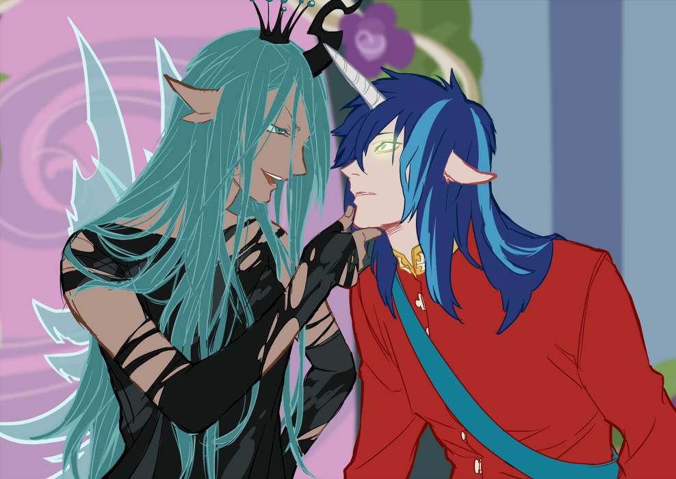 1boy 1girl aqua_hair black_hair blue_hair changeling queen_chrysalis crown dark_skin glowing glowing_eyes grabbing_another&#039;s_chin hand_on_another&#039;s_chin horns long_hair my_little_pony my_little_pony:_friendship_is_magic otani_(gloria) personification pointy_ears shining_armor single_horn torn_clothes uniform wings