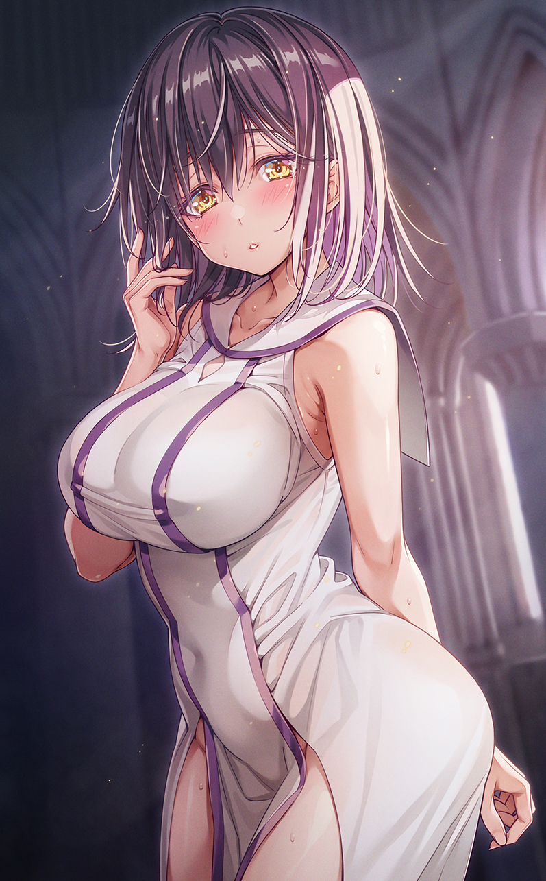 1girl arm_behind_back bare_arms black_hair blurry blurry_background blush breasts church commentary_request covered_navel dress hair_between_eyes highres ikeda_yasuhiro indoors large_breasts looking_at_viewer medium_hair original parted_lips sidelocks solo standing white_dress yellow_eyes