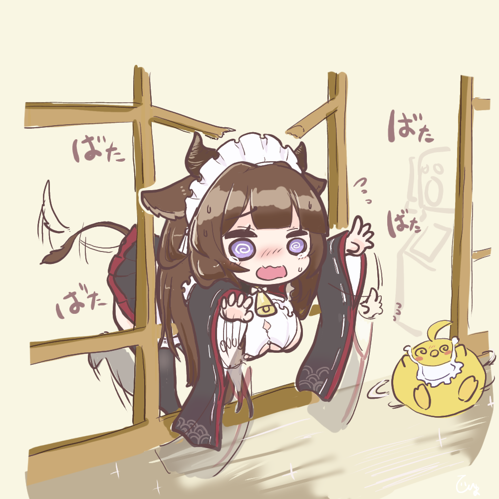 1girl @_@ ahoge animal_ears azur_lane bell breasts brown_hair cow_ears cow_girl cow_horns cow_tail cowbell himajin_(fd_jin) horns kashino_(azur_lane) kashino_(maid_for_mayhem)_(azur_lane) large_breasts long_hair maid maid_headdress manjuu_(azur_lane) motion_lines official_alternate_costume open_mouth stuck tail through_wall