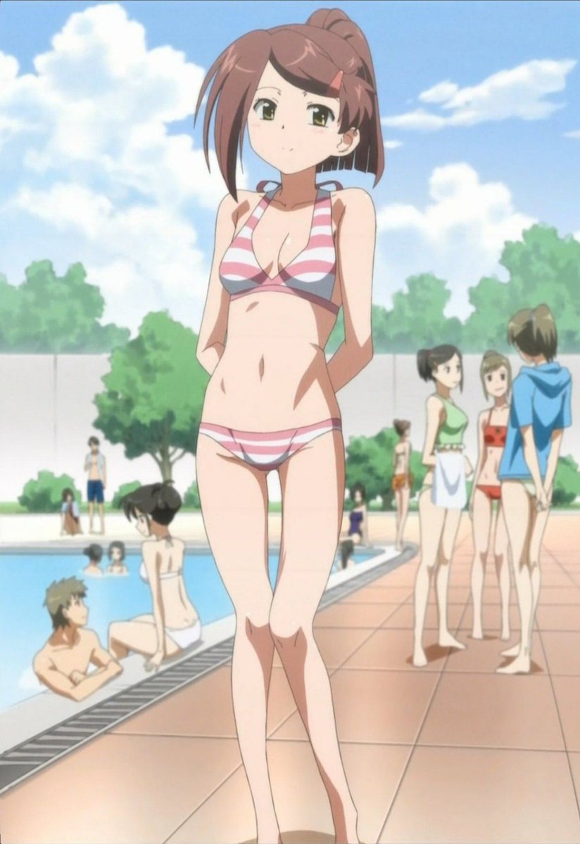 1girl anime_screenshot arms_behind_back bikini breasts brown_hair highres kissxsis legs looking_at_viewer medium_breasts navel ponytail pool smile stitched suminoe_ako swimsuit thighs third-party_edit water yellow_eyes
