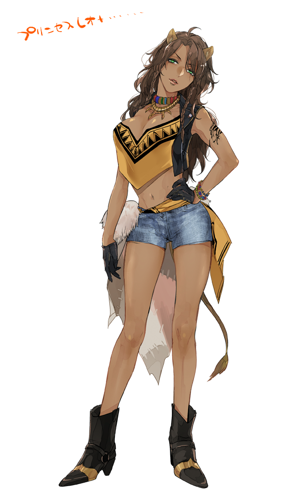1girl adapted_costume ahoge animal_ears arm_at_side arm_tattoo black_boots black_gloves blue_shorts boots bracelet breasts brown_hair choker cleavage dark-skinned_female dark_skin denim denim_shorts full_body genderswap genderswap_(mtf) gloves green_eyes hand_on_own_hip head_tilt high_heel_boots high_heels jewelry large_breasts leona_kingscholar lion_ears lion_tail long_hair looking_at_viewer midriff navel necklace parted_lips pelt shirai shorts simple_background sleeveless solo tail tattoo twisted_wonderland white_background
