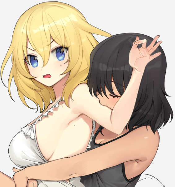 2girls andou_(girls_und_panzer) biting_another&#039;s_arm breasts closed_eyes girls_und_panzer hug looking_at_viewer medium_breasts medium_hair multiple_girls ok_sign oshida_(girls_und_panzer) sleepwear tan_(inka)