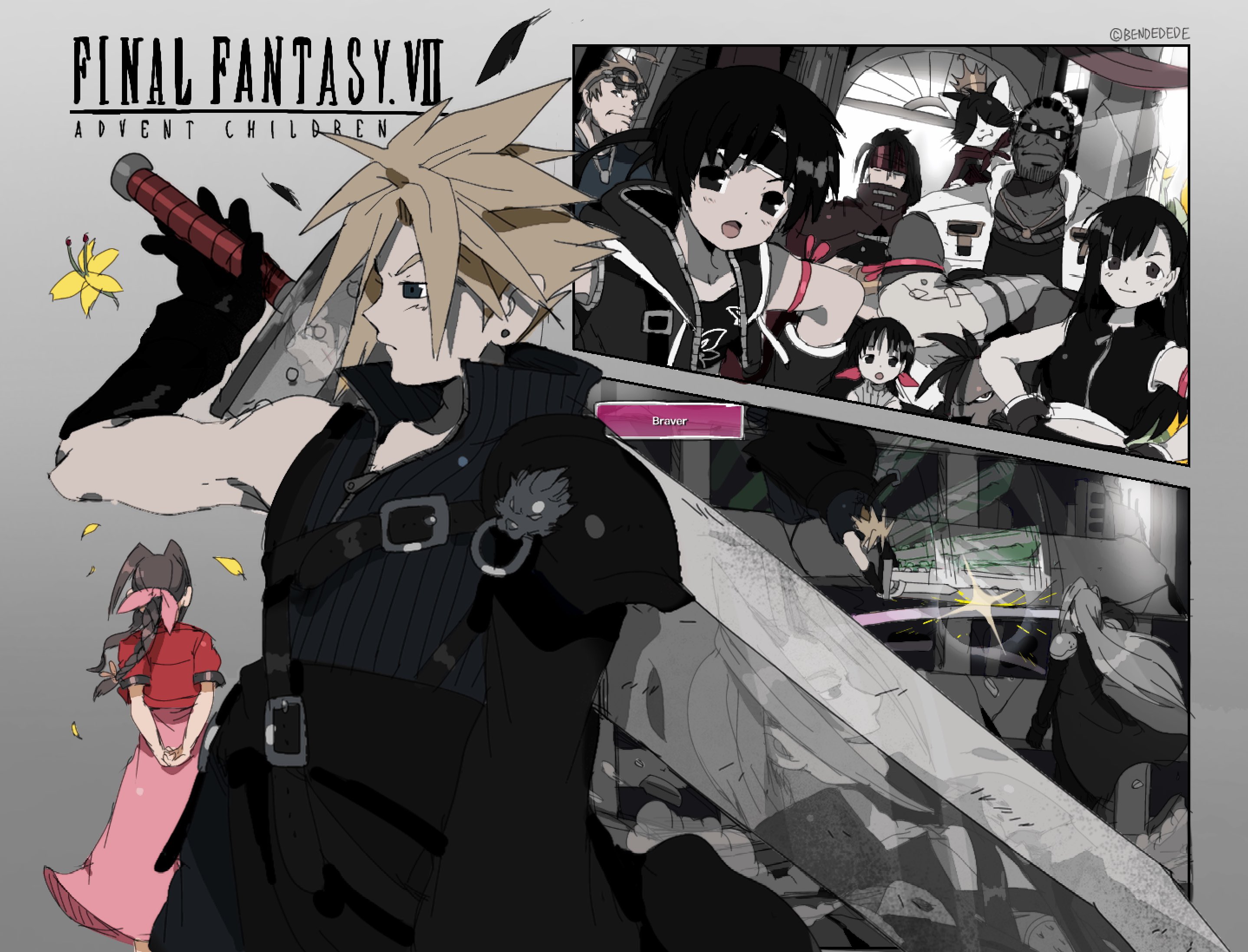 4girls aerith_gainsborough arm_ribbon armor from_behind barret_wallace bendedede black_feathers black_fur black_gloves black_hair blonde_hair braid braided_ponytail brown_eyes brown_hair buster_sword cait_sith_(final_fantasy) cape cat cid_highwind cigarette cloak closed_eyes cloud_strife coat cropped_jacket cross_scar crossed_arms crown dark-skinned_male dark_skin determined dress earrings facial_hair facial_scar falling_petals feathers fighting final_fantasy final_fantasy_vii final_fantasy_vii_advent_children flower fusion_swords gloves goggles goggles_on_head grey_eyes grey_hair hair_ribbon hair_slicked_back hands_on_own_hips headband high_collar highres holding holding_sword holding_weapon jacket jewelry long_bangs long_coat long_dress long_hair long_sleeves male_focus marlene_wallace masamune_(ff7) mini_crown multiple_boys multiple_girls multiple_views open_collar open_mouth parted_bangs pauldrons petals pink_dress pink_ribbon red_cape red_cloak red_headband red_jacket red_xiii ribbon scar scar_on_cheek scar_on_face sephiroth shirt short_hair shoulder_armor shoulder_strap single_earring single_shoulder_pad sleeveless sleeveless_turtleneck smile smoke spiked_hair stained_glass sword sword_fight tifa_lockhart turtleneck twitter_username two-tone_fur vincent_valentine waist_cape weapon weapon_on_back yuffie_kisaragi zack_fair