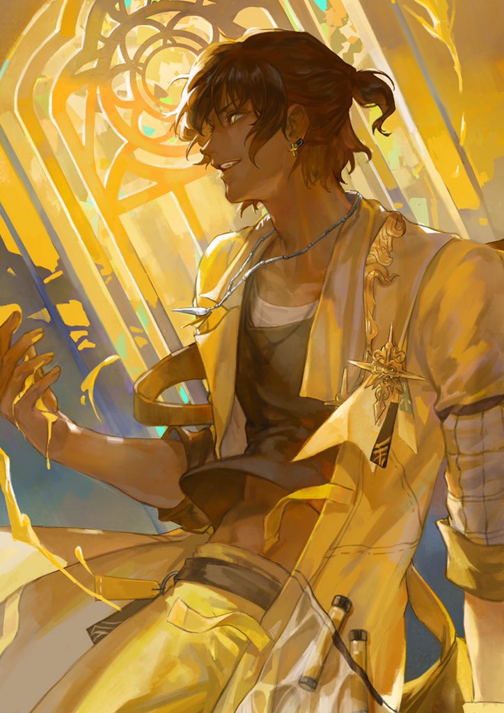 1boy adam&#039;s_apple arknights belt black_belt black_shirt brown_hair cowboy_shot cross cross_earrings dark_skin dur67582477 earrings jacket jewelry male_focus medium_hair necklace nose open_mouth pants ponytail shirt short_ponytail solo teeth thorns_(arknights) torso upper_teeth_only yellow_eyes yellow_jacket yellow_pants