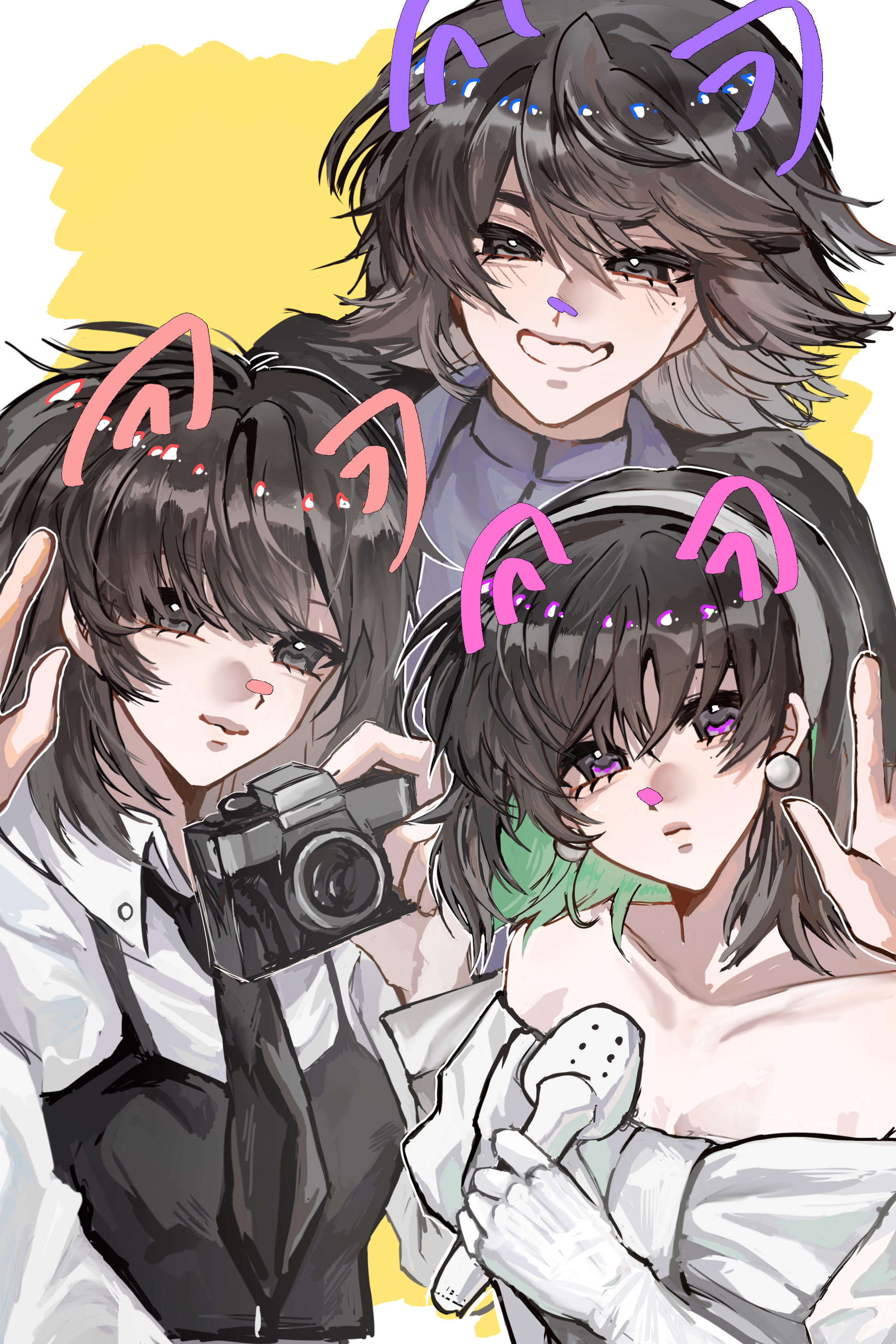 3girls absurdres alien_stage animal_ears black_dress black_eyes black_hair black_necktie blue_shirt camera cat_ears chinese_commentary collared_shirt color_connection commentary_request crossover drawn_ears dress earrings gloves hair_color_connection hairstyle_connection han_sooyoung highres holding holding_camera holding_microphone jewelry medium_hair microphone multiple_crossover multiple_girls necktie off-shoulder_dress off_shoulder omniscient_reader's_viewpoint pearl_earrings purple_eyes qiao_ling shiguang_dailiren shirt shirt_under_dress shiyounianwu sleeveless sleeveless_dress smile sphere_earrings sua_(alien_stage) white_dress white_gloves white_shirt