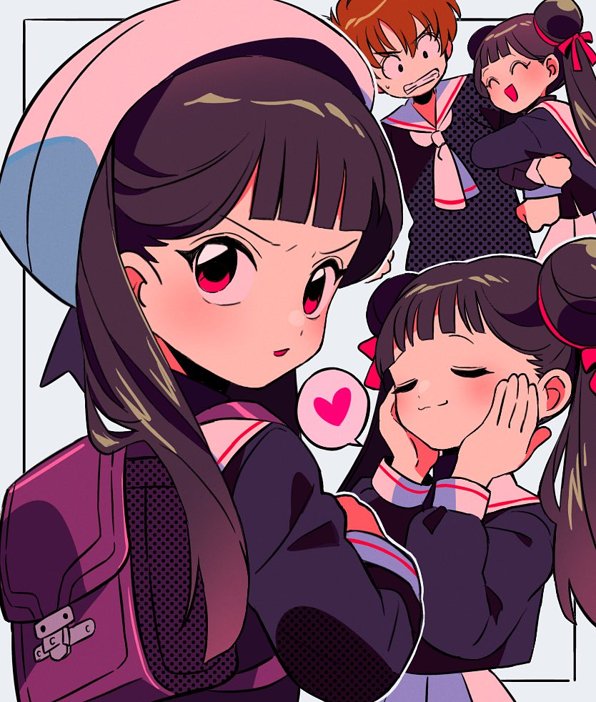 1boy 1girl ^_^ bag black_hair blunt_bangs blush brown_hair cardcaptor_sakura closed_eyes commentary_request double_bun hair_bun hands_on_own_cheeks hands_on_own_face hat heart li_meiling li_syaoran locked_arms looking_back multiple_views sailor_collar sanamaru_(sana79261827) school_bag school_uniform spoken_heart tomoeda_elementary_school_uniform twintails