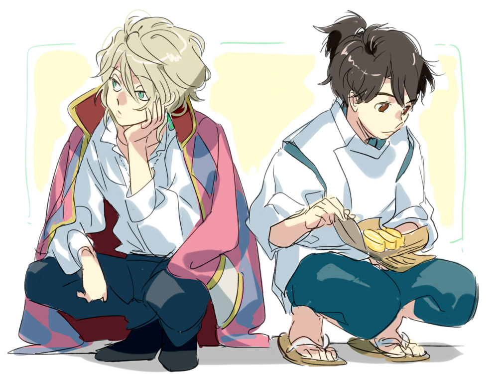 2boys aldnoah.zero aqua_eyes blonde_hair brown_eyes brown_hair coat cosplay crossover earrings full_body haku haku_(cosplay) head_rest howl howl_(cosplay) howl_no_ugoku_shiro jacket jacket_on_shoulders japanese_clothes jewelry kaizuka_inaho logi_bunbukucha male_focus multiple_boys ponytail sen_to_chihiro_no_kamikakushi simple_background slaine_troyard studio_ghibli traditional_clothes