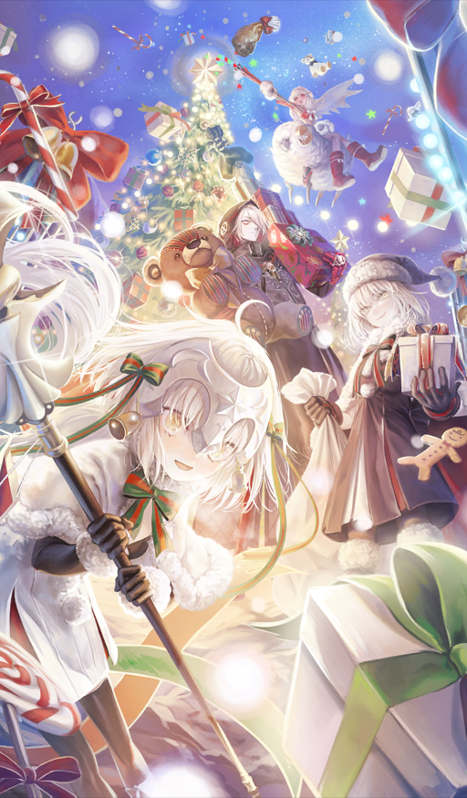 1boy 3girls ahoge altera_(fate) altera_the_santa_(fate) animal artoria_pendragon_(fate) black_coat black_dress black_gloves black_hat black_santa_costume black_thighhighs blue_sky boots bow bowtie brass_knuckles breasts candy candy_cane capelet christmas christmas_tree closed_mouth coat commentary_request dress earmuffs eyeliner fate/grand_order fate_(series) flying food fur-trimmed_boots fur-trimmed_capelet fur-trimmed_gloves fur-trimmed_headwear fur_trim gift gingerbread_man gloves green_bow green_bowtie hair_over_one_eye hat headpiece holding holding_gift holding_polearm holding_sack holding_teddy_bear holding_weapon hood hood_up jeanne_d&#039;arc_alter_santa_lily_(fate) karna_(fate) karna_(santa)_(fate) leaning_forward long_hair long_sleeves looking_at_viewer makeup midair mittens mizutame_tori multicolored_bow multicolored_bowtie multiple_girls night official_art one_eye_covered open_mouth outdoors photon_ray_(fate) polearm pom_pom_(clothes) red_boots red_bow red_bowtie red_eyeliner red_eyes red_gloves saber_alter sack santa_alter santa_costume santa_hat sheep short_hair sidesaddle sky small_breasts smile snowing sparkle star_(sky) starry_sky stuffed_animal stuffed_toy teddy_bear thighhighs third-party_source veil weapon white_dress white_hair white_mittens white_veil yellow_eyes zerco_(fate)