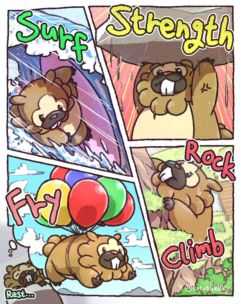 anger_vein balloon bidoof climbing cloud commentary_request fly_(pokemon) flying gen_4_pokemon highres kotobukkii_(yt_lvlv) nintendo no_humans pokemon pokemon_(creature) pokemon_focus rock rock_climb_(pokemon) sky sleeping speech_bubble strength_(pokemon) strong surf_(pokemon) surfboard thought_bubble water waves