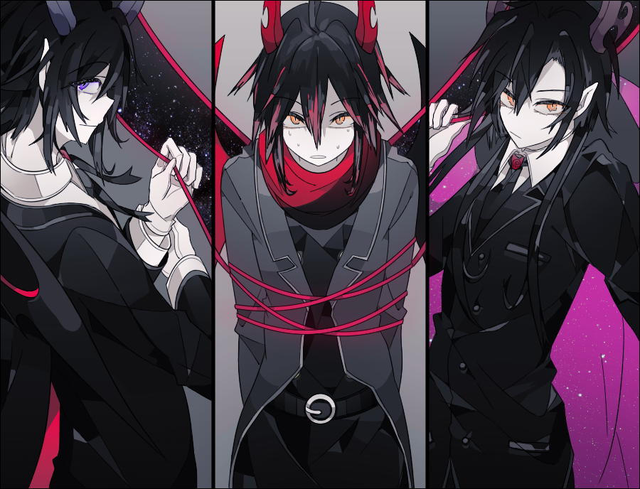 3boys black_suit demon demon_boy demon_horns father_and_son formal_clothes funamusea horns husband_and_husband ivlis_(funamusea) licorice_(funamusea) multiple_boys orange_eyes pointy_ears purple_eyes satanick_(funamusea) shin_(nyeu) suit