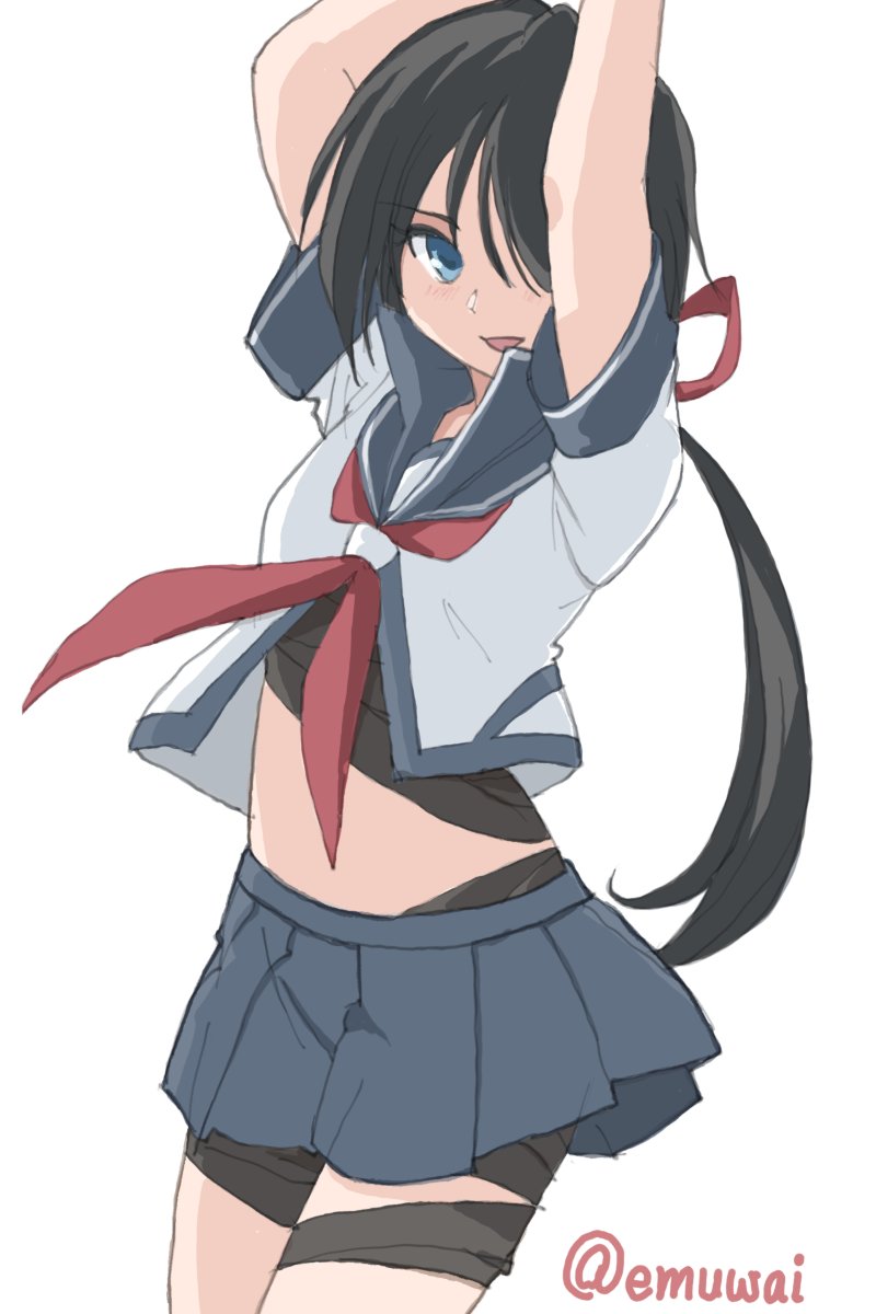 1girl arms_up bandages black_hair black_sailor_collar black_shirt emuwai green_eyes hair_over_one_eye highres kako_(kancolle) kako_kai_ni_(kancolle) kantai_collection long_hair low_ponytail messy_hair neckerchief one-hour_drawing_challenge pleated_skirt ponytail red_neckerchief sailor_collar shirt simple_background skirt solo white_background