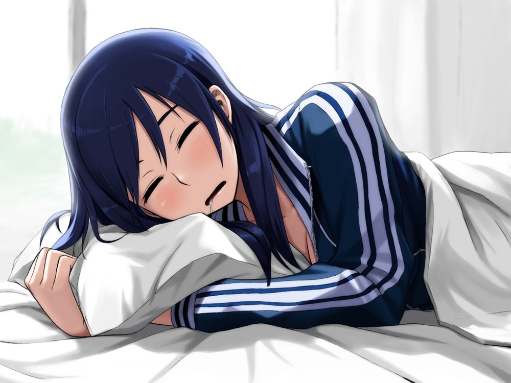 1girl blanket blue_eyes blue_hair dream_c_club dream_c_club_(series) dream_c_club_zero drooling female_focus long_hair lying matching_hair/eyes pillow reika_(dream_c_club) sleeping solo tachibana_midori tachibana_roku