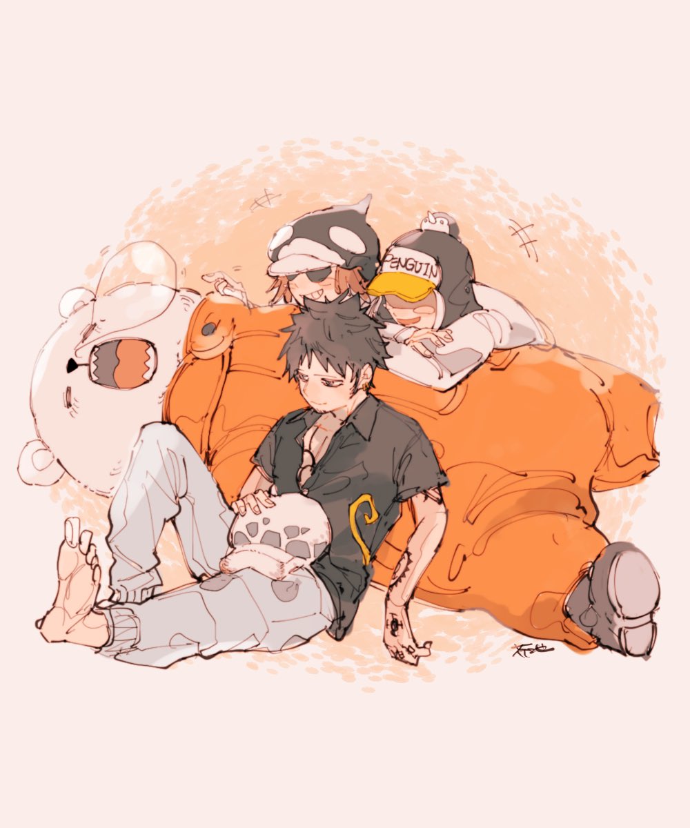 +++ 4boys akuta_ji bear bepo_(one_piece) black_hair black_shirt commentary_request full_body hand_tattoo hat highres jumpsuit multiple_boys one_piece orange_hair orange_jumpsuit shachi_(one_piece) shirt short_sleeves signature sleeping smile squeans sunglasses tattoo trafalgar_law