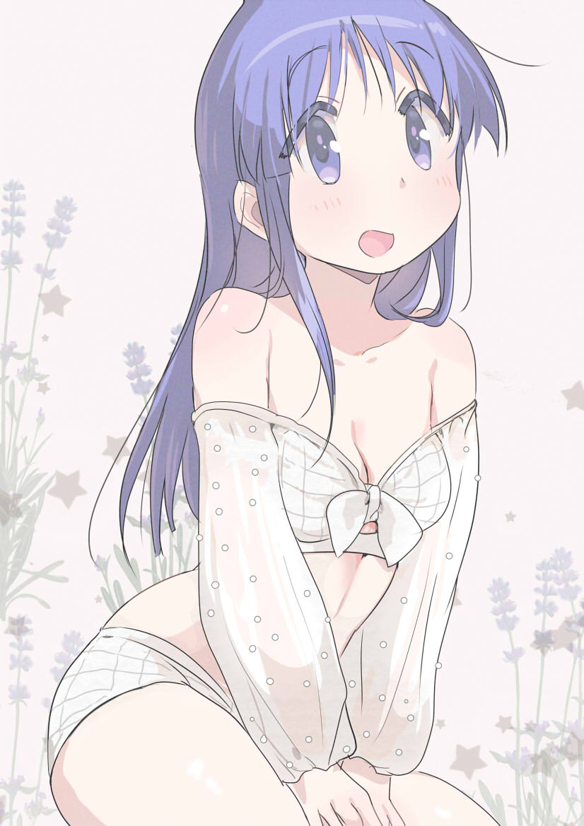 1girl bare_shoulders blush breasts cleavage collarbone hinata_yukari long_hair looking_at_viewer open_mouth plant purple_eyes purple_hair sitting smile solo swimsuit tatsunokosso yuyushiki
