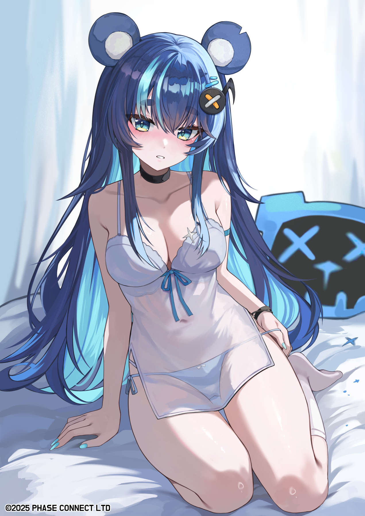 1girl animal_ears bear_ears bear_girl blue_bra blue_eyes blue_hair blue_nightgown blue_panties blush bow bow_panties bra breasts colored_inner_hair fortissimo fujikura_uruka hair_ornament highres kkato long_hair looking_at_viewer medium_breasts multicolored_hair musical_note musical_note_hair_ornament navel nightgown official_art on_bed panties phase_connect see-through_nightgown socks solo streaked_hair two-tone_hair underwear virtual_youtuber