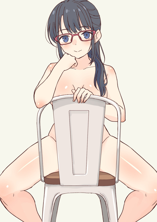 black_hair blue_eyes casual_nudity chair_censor completely_nude convenient_censoring daipunch glasses hand_on_own_face long_hair nude smile