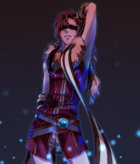 1boy animal animal_around_neck arm_behind_head armpits belt blindfold brown_sleeves commentary_request cowboy_shot detached_sleeves fox grey_background male_focus pants professor_(ragnarok_online) purple_belt ragnarok_online red_hair red_shirt sahar shirt short_hair sleeveless sleeveless_shirt solo striped_sleeves underlighting white_pants white_sleeves