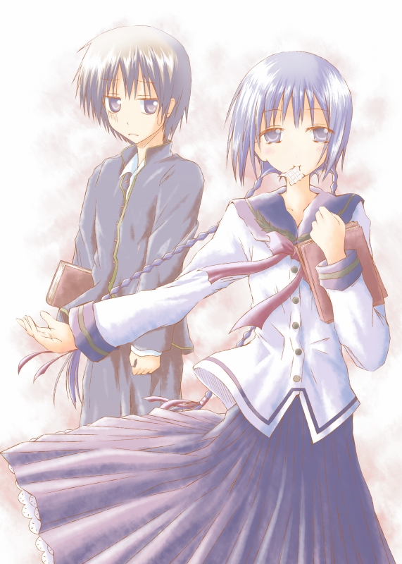 1boy 1girl amano_tooko black_hair book braid bungaku_shoujo eating gakuran gradient_background inoue_konoha kiriharayu long_hair outstretched_arm school_uniform serafuku short_hair twin_braids