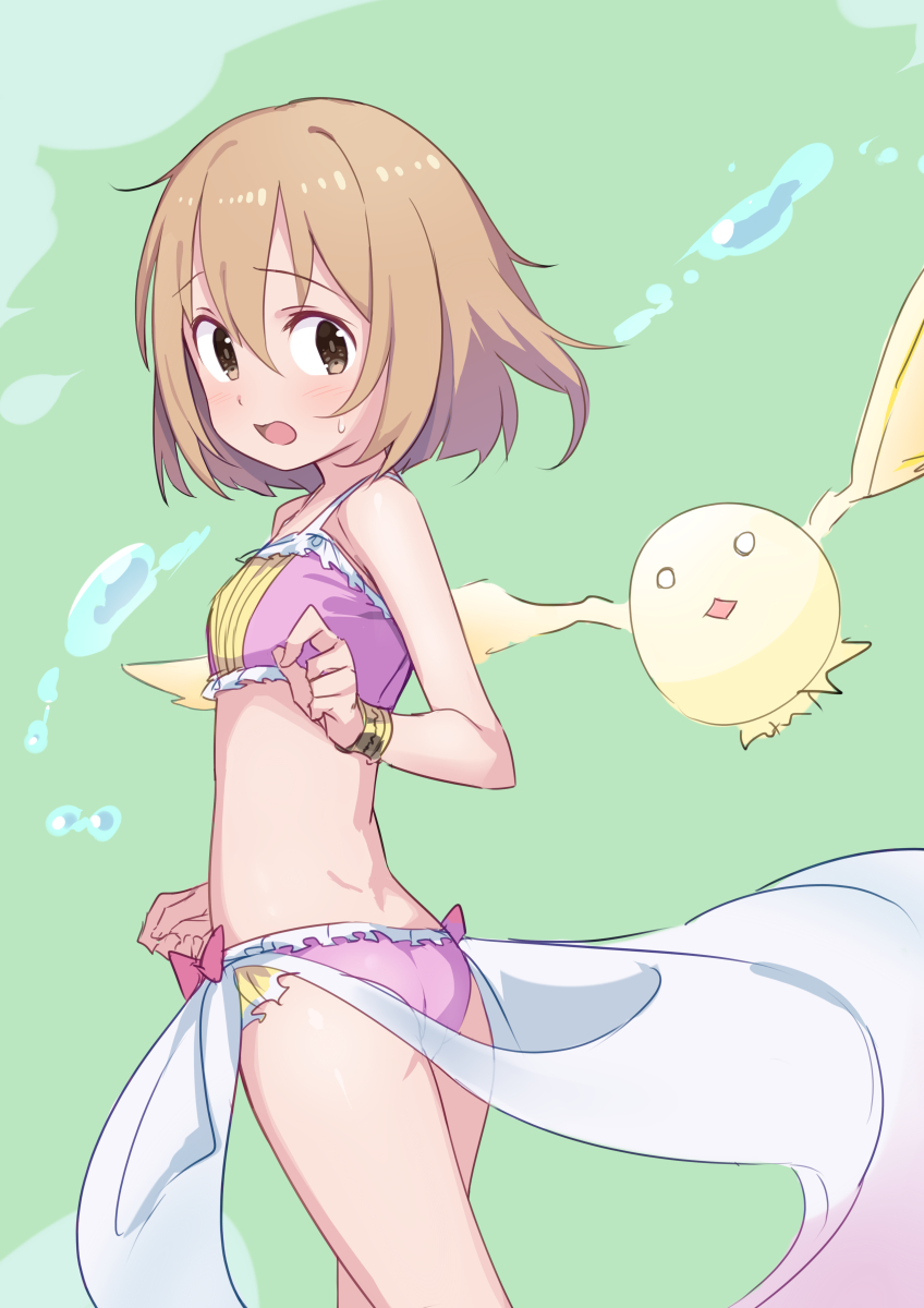 1girl ass bikini bracelet brown_eyes brown_hair commentary_request from_behind hanami_yuzuka highres jewelry looking_back magical_girl mahou_shoujo_nante_mou_ii_desukara. miton open_mouth pink_bikini saiste short_hair showgirl_skirt smile swimsuit water wind wind_lift