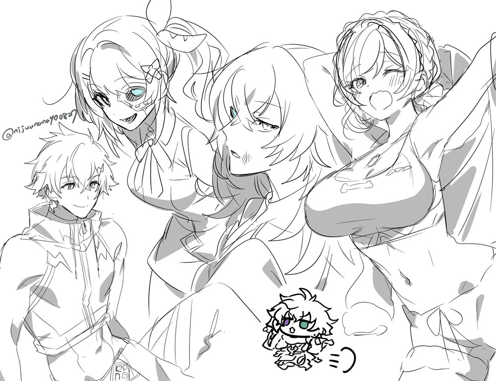 2boys 2girls :d armpits bow breasts chibi cleavage collared_shirt cropped_jacket drawstring dress_shirt fur-trimmed_shorts fur_trim furen_e_lustario furen_e_lustario_(5th_costume) green_eyes hair_ornament heterochromia hoshirube_sho hoshirube_sho_(1st_costume) jacket kuramochi_meruto kuramochi_meruto_(1st_costume) large_breasts leaning_forward lightning_bolt lightning_bolt_hair_ornament lightning_bolt_symbol medium_breasts monochrome multiple_boys multiple_girls murakumo_kagetsu navel nijisanji ninahachi off_shoulder one_eye_closed open_clothes open_jacket open_mouth purple_eyes shirt short_shorts shorts simple_background skirt sleeveless sleeveless_shirt smile spot_color twitter_username usami_rito usami_rito_(1st_costume) virtual_youtuber wavy_mouth white_background