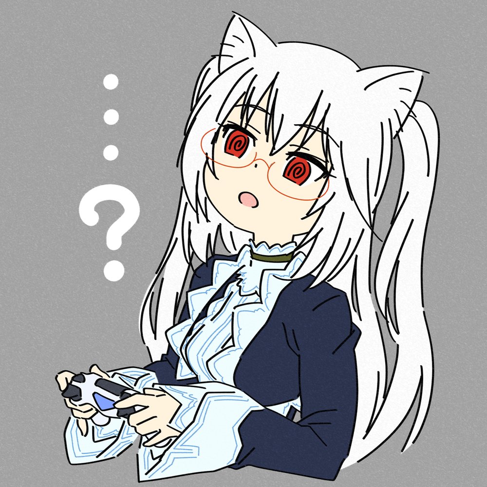 ...? 1girl @_@ animal_ears black_jacket breasts cat_ears cat_girl confused controller cropped_torso dualshock game_controller gamepad glasses grey_background head_tilt holding holding_controller holding_game_controller jacket long_hair magari_(c0rn3r) medium_breasts nora_cat nora_cat_channel open_clothes open_jacket open_mouth playstation_controller simple_background solo upper_body virtual_youtuber white_hair