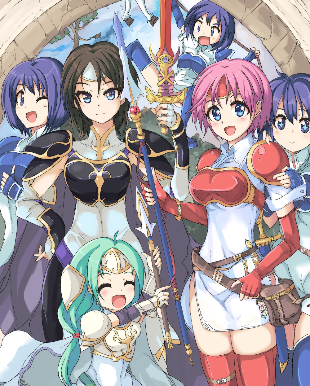 +_+ 6+girls :&gt; :d :o ;d ^_^ ahoge armor bad_id bad_pixiv_id belt_pouch black_hair blue_eyes blue_hair blue_sky blush bracelet breastplate breasts bridge brown_hair child closed_eyes convenient_censoring cowboy_shot echizen_(hvcv) eyelashes fingerless_gloves fire_emblem fire_emblem:_path_of_radiance flying_sweatdrops gloves grey_hair hair_between_eyes hand_on_own_hip headband highres holding holding_sword holding_weapon jewelry lance laughing liquid looking_at_viewer marcia_(fire_emblem) multiple_girls nintendo one_eye_closed open_mouth pauldrons pegasus_knight_uniform_(fire_emblem) pink_hair plant polearm pouch scabbard sheath shoulder_armor shoulder_pads side_slit sigrun_(fire_emblem) sky smile sparkling_eyes spear spread_legs standing sword tanith_(fire_emblem) test_tube thighhighs thumbs_up tiara tree unsheathed weapon white_armor zettai_ryouiki
