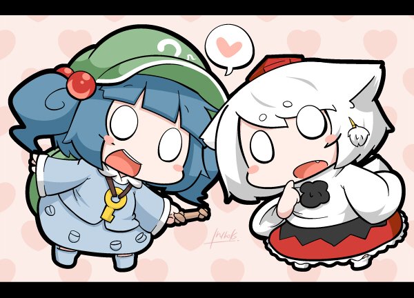 2girls animal_ears bad_id bad_twitter_id blue_hair blush_stickers bone fang hair_bobbles hair_ornament hat heart heart_background heart_pattern inubashiri_momiji inunoko. jewelry kawashiro_nitori key key_necklace multiple_girls necklace o_o open_mouth short_hair signature skirt smile spoken_heart tail tokin_hat touhou white_hair wolf_ears wolf_tail