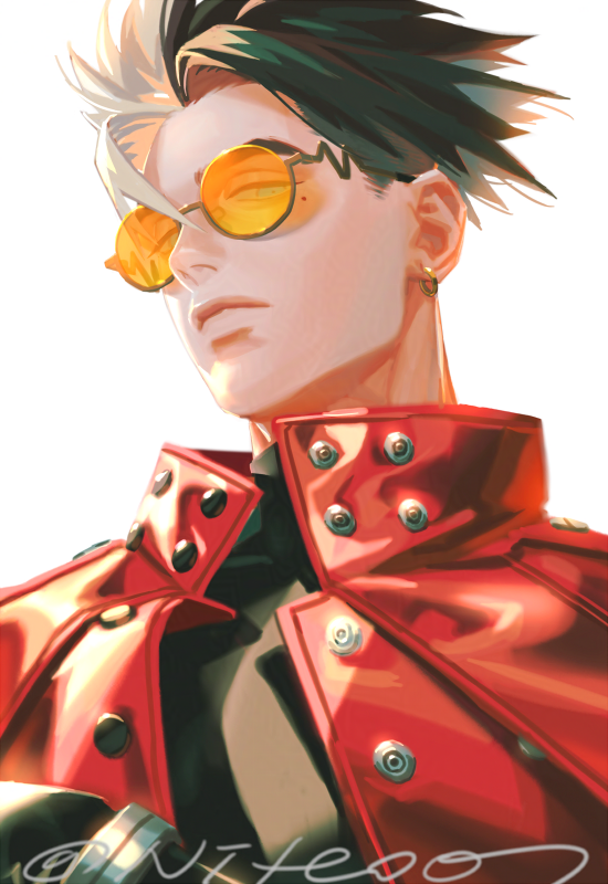 1boy artist_name coat male_focus mole mole_under_eye multicolored_hair niteo07 orange-tinted_eyewear prosthesis prosthetic_arm red_coat round_eyewear signature sunglasses tinted_eyewear trigun trigun_maximum twitter_username two-tone_hair vash_the_stampede