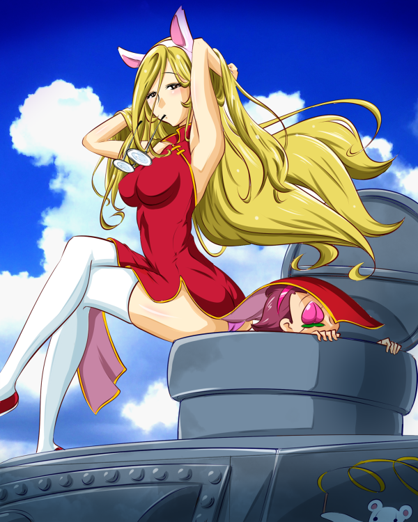 2girls alternate_costume animal_ears anteater blonde_hair blue_sky brown_eyes cat_ears china_dress chinese_clothes cloud cloudy_sky coke-bottle_glasses commentary crossed_legs day dress emblem eyepatch eyewear_in_mouth fake_animal_ears flats food fruit girls_und_panzer glasses hair_between_eyes hairband half-closed_eyes hands_in_hair kogane_(staygold) long_dress long_hair looking_at_viewer looking_back military military_vehicle momogaa_(girls_und_panzer) motor_vehicle mouth_hold multiple_girls nekonyaa_(girls_und_panzer) on_tank outdoors panties pantyshot peach pink_hairband purple_panties red_dress red_footwear red_hair short_hair side_slit sitting sky tank tank_cupola type_3_chi-nu underwear white_legwear wind