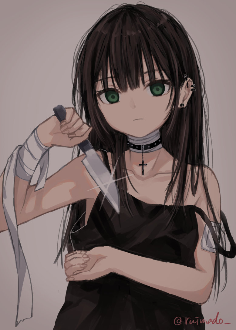 1girl bandaged_neck bandaged_wrist bandages bandaid bandaid_on_arm black_hair choker cross dress ear_piercing earrings empty_eyes expressionless glint green_eyes holding holding_knife jewelry knife long_hair looking_at_viewer original piercing ruimado sleeveless sleeveless_dress solo strap_slip