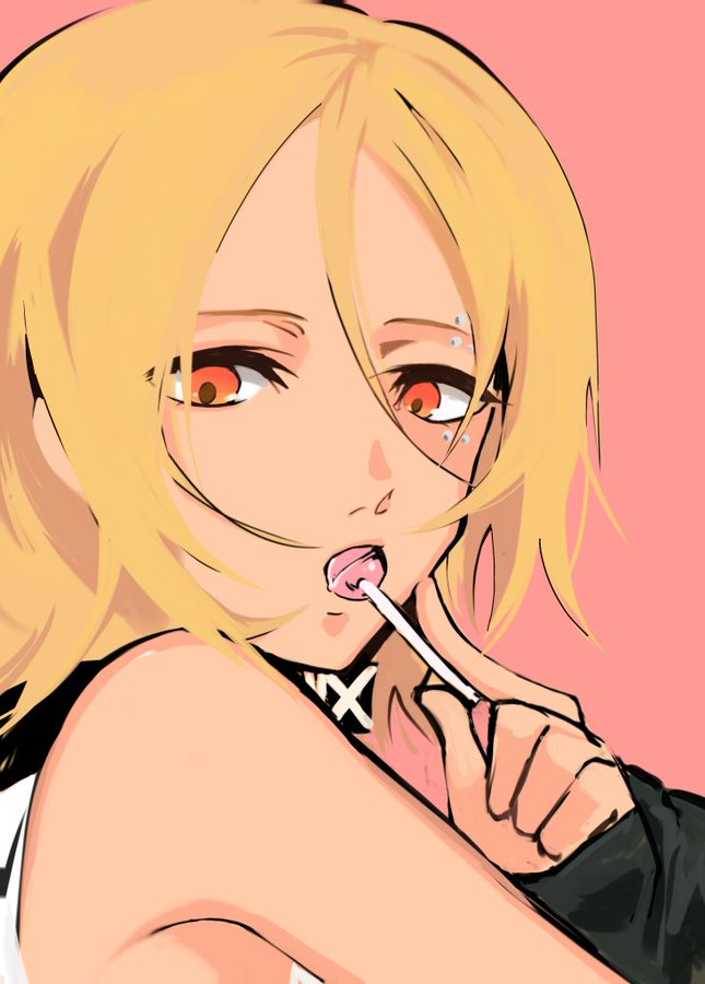 1girl anti-eyebrow_piercing bare_shoulders black_jacket black_survival blonde_hair candy closed_mouth collar eternal_return:_black_survival eye_piercing face_piercing food food_in_mouth hair_between_eyes hart_floyd heart holding holding_candy holding_food holding_lollipop jacket lollipop looking_at_viewer non-web_source open_mouth piercing short_hair sleeves_past_wrists solo yellow_eyes
