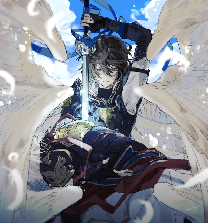 2boys ahoge armor brown_hair day fingerless_gloves gloves granblue_fantasy hair_between_eyes holding holding_sword holding_weapon hood hood_down human_scabbard lucifer_(shingeki_no_bahamut) maka_(morphine) male_focus multiple_boys multiple_wings outdoors parody sandalphon_(granblue_fantasy) sekai_wo_kakumei_suru_chikara_wo seraph short_hair shoujo_kakumei_utena sword weapon white_hair wings