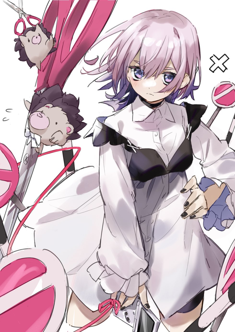 1girl baka_janai_noni_(zutomayo) black_bustier black_choker black_nails black_shorts bow bowtie bustier choker closed_mouth colored_inner_hair dress_shirt fingernails frown hand_on_own_hip handheld_game_console hedgehog highres holding holding_handheld_game_console holding_scissors long_sleeves looking_at_viewer medium_hair mimikayushi_(zutomayo) multicolored_hair nail_polish nira-chan nira-chan_(baka_janai_noni)_(zutomayo) oguri_(oguri_yuta) pink_hair purple_hair road_sign scissors shirt shorts sign string string_of_fate uniguri_(zutomayo) white_background white_bow white_bowtie white_shirt zutto_mayonaka_de_ii_no_ni