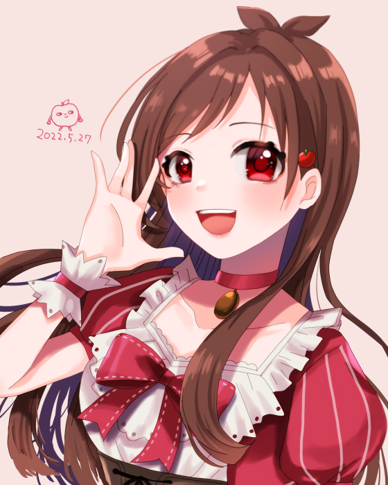 1girl :d antenna_hair apple_hair_ornament ayaca brown_hair choker corset dated dress food-themed_hair_ornament hair_ornament idol idolmaster idolmaster_cinderella_girls looking_at_viewer open_mouth pinafore_dress puffy_short_sleeves puffy_sleeves red_choker red_dress red_eyes ringorou_(idolmaster) round_teeth short_sleeves simple_background sleeveless_dress smile solo teeth tsujino_akari white_background wrist_cuffs