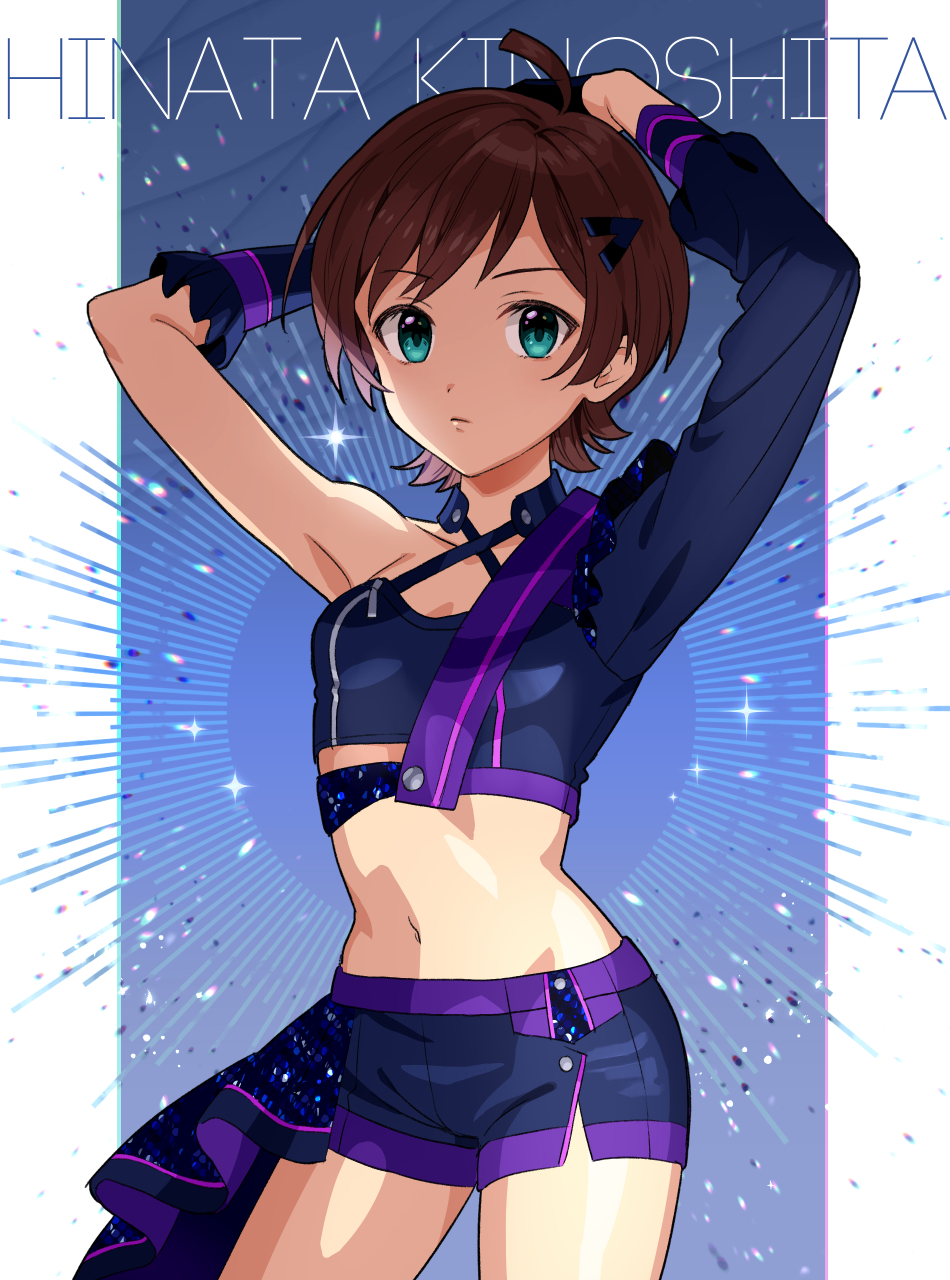 1girl ahoge aqua_eyes armpits arms_behind_head arms_up asymmetrical_clothes black_gloves breasts brown_hair character_name cleavage closed_mouth collarbone cowboy_shot detached_sleeves dot_nose english_text expressionless flipped_hair fukakuteisei gloves gradient_background hair_ornament hairpin halter_shirt halterneck highres idolmaster idolmaster_million_live! idolmaster_million_live!_theater_days kinoshita_hinata long_sleeves looking_at_viewer midriff navel parted_bangs purple_shorts short_hair short_shorts shorts sidelocks single_detached_sleeve small_breasts solo standing