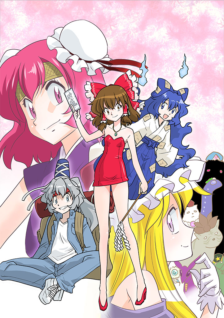 6+girls beret blonde_hair blue_eyes blue_hair bow brown_eyes brown_hair carrot_necklace cat commentary_request denim denim_jacket dragon dress ghost ghost_sweeper_mikami glowing glowing_eyes grey_hair grin hair_bow hair_bun hair_tubes hakurei_reimu hat headband hitodama hong_meiling ibaraki_kasen inaba_tewi jacket japanese_clothes jeans jewelry kochiya_sanae long_hair long_sleeves mizuki_hitoshi mob_cap mononobe_no_futo multiple_girls necklace pants parody pink_eyes pink_hair purple_eyes saigyouji_yuyuko shide shoes short_hair single_hair_bun sleeveless smile snake sneakers star_(symbol) strapless strapless_dress style_parody tate_eboshi toramaru_shou toramaru_shou_(tiger) touhou triangular_headpiece white_hair wide_sleeves yakumo_yukari yasaka_kanako yasaka_kanako_(snake) yorigami_shion