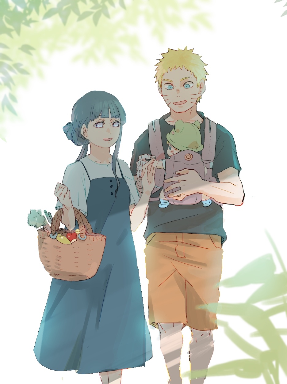 1girl 2boys apron blonde_hair blue_hair boruto:_naruto_next_generations couple dress facial_mark family father_and_son food fruit holding husband_and_wife hyuuga_hinata long_hair meitarou mother_and_son multiple_boys naruto_(series) open_mouth shirt shorts uzumaki_boruto uzumaki_naruto vegetable whisker_markings