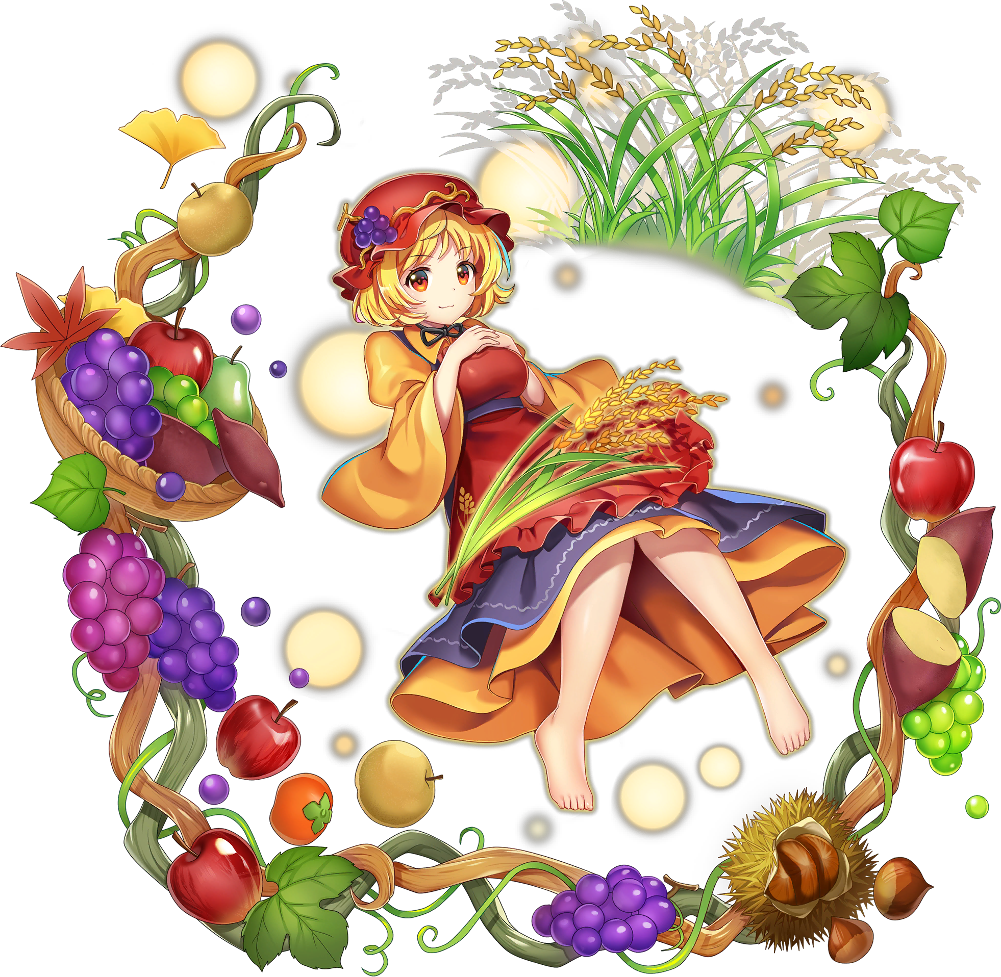 1girl :3 aki_minoriko apple apron autumn_leaves bare_legs barefoot black_skirt blonde_hair breasts chestnut closed_mouth collared_shirt food frilled_apron frills fruit full_body game_cg ginkgo_leaf grape_hat_ornament grapes happy hat highres juliet_sleeves leaf long_sleeves looking_at_viewer maple_leaf medium_breasts mob_cap nashi_pear neck_ribbon official_art orange_shirt pear persimmon petticoat puffy_sleeves red_apron red_hat ribbon rotte_(1109) shirt skirt smile solo suspender_skirt suspenders sweet_potato third-party_source toes touhou touhou_lostword transparent_background vegetable wheat wide_sleeves yellow_eyes
